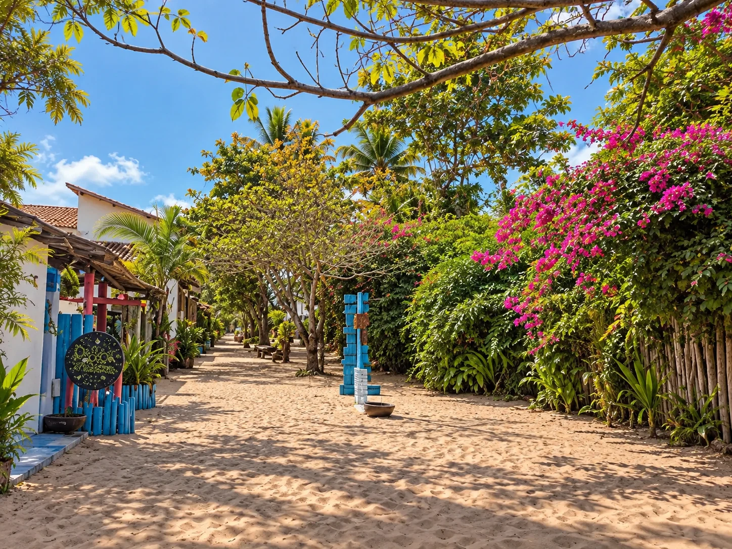 Rua de areia e flores em Caraíva